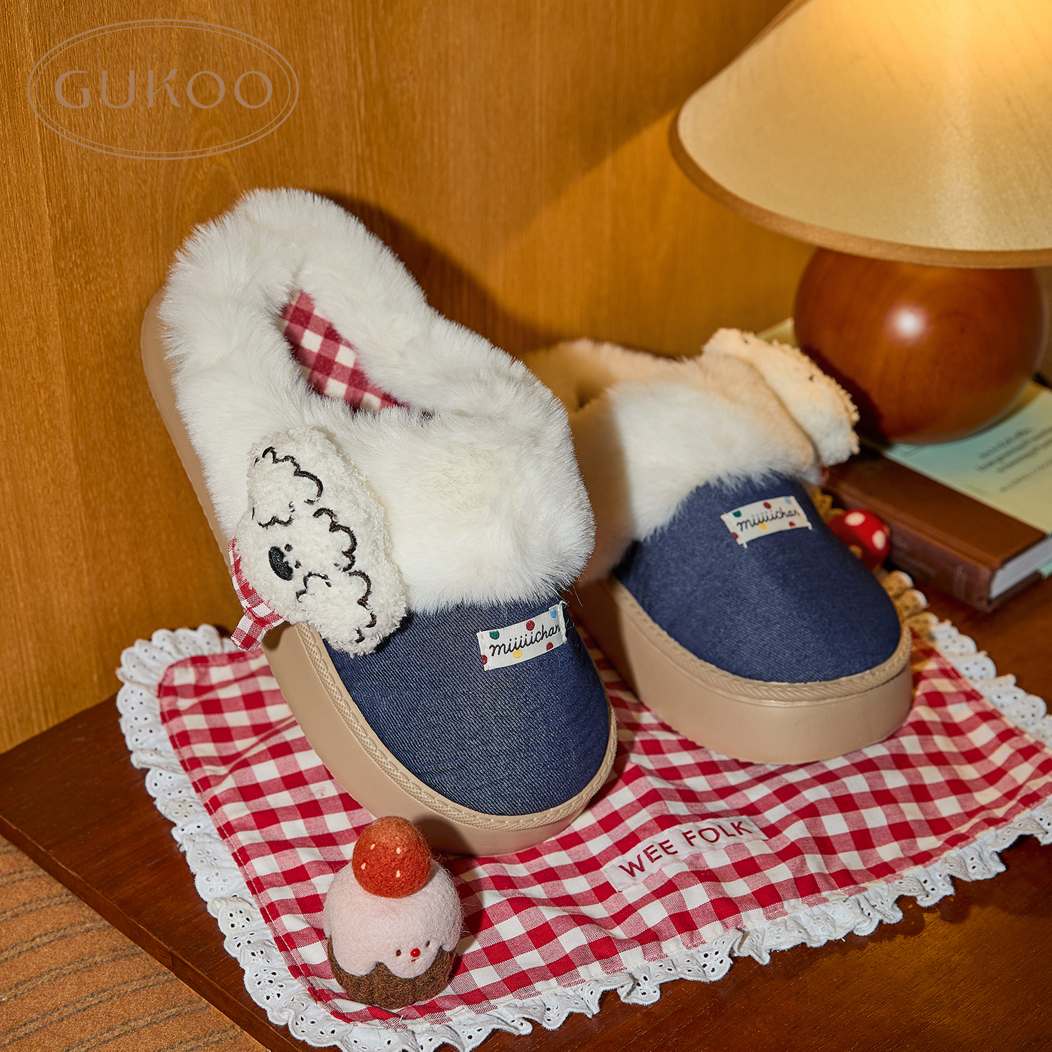 Gukoo/果壳拖鞋女冬款miiiiichan联名格纹毛绒雪地靴拖鞋