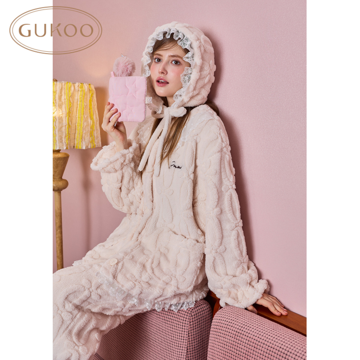 Gukoo/果壳睡衣女冬季新品立体提花绒加厚保暖蕾丝花边外穿家居服