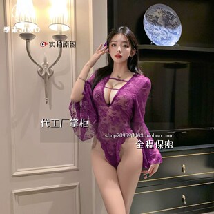 灌云季末服饰有限公司季末紫色睡衣透视深V内衣蕾丝花边网纱喇叭