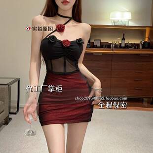 灌云情服饰内衣厂禁欲系灌云抹胸纯网纱撞色包臀花朵拼接包臀连衣