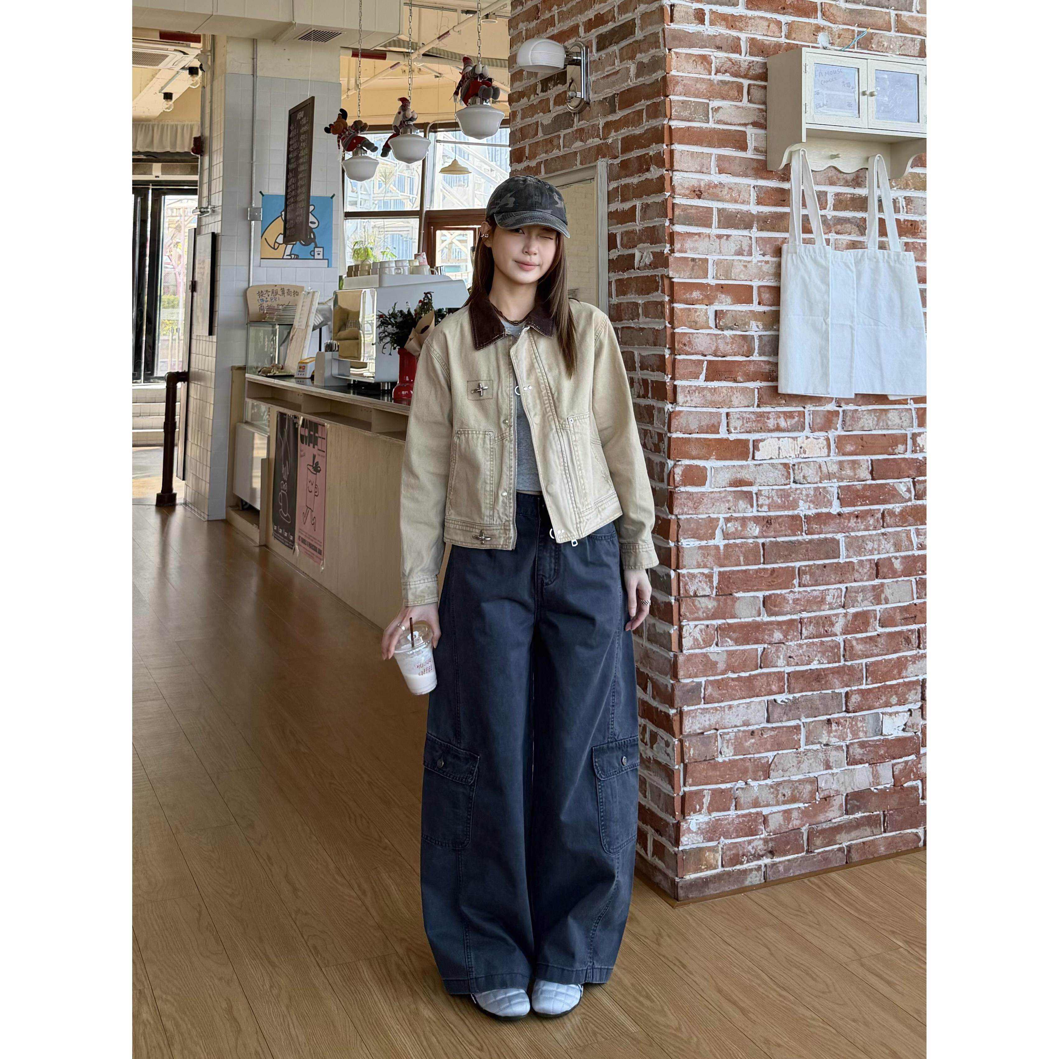 XFX 美式复古宽松水洗做旧拼接领龙虾扣短宽翻领夹克外套女秋冬潮