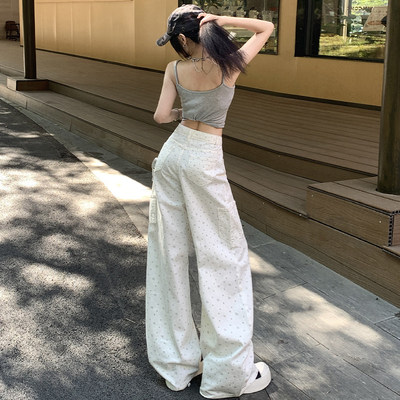 美式白色碎花阔腿牛仔裤