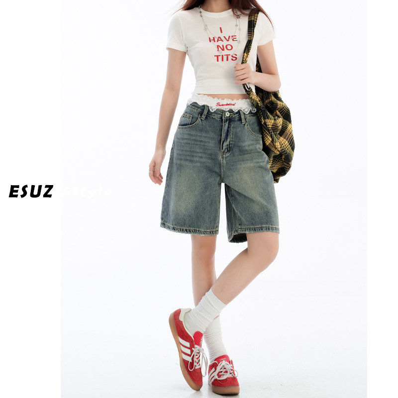 覆古蓝五分牛仔短裤女2025年夏季新款小个子高腰直筒显瘦阔腿五分