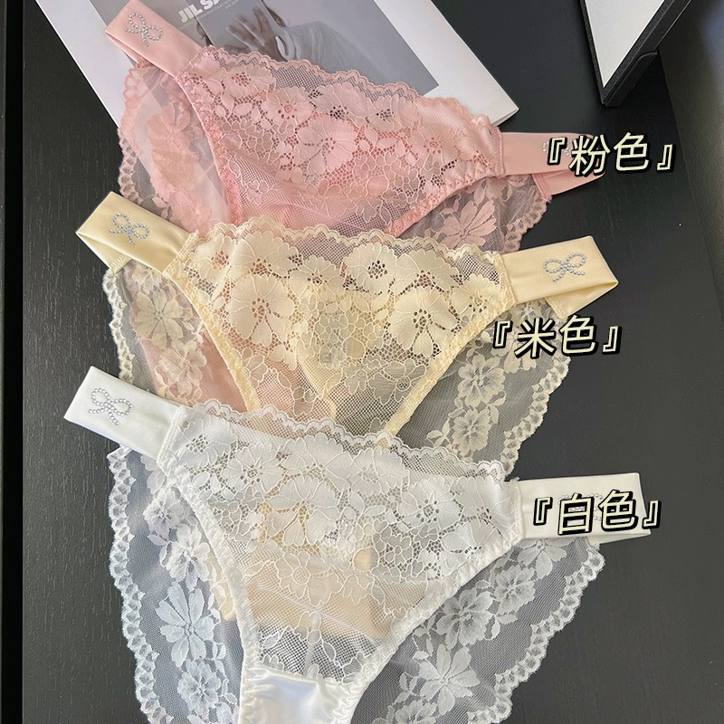 法式小钻蝴蝶结轻奢蕾丝内裤女士性感三角裤头时尚钻饰立体刺绣