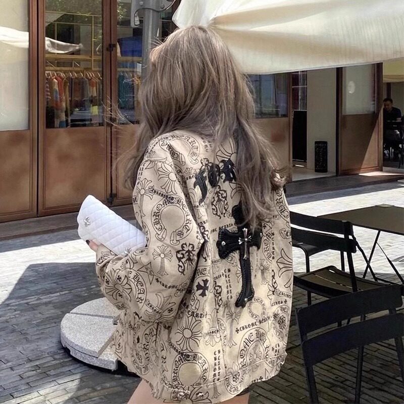 潮牌牛仔外套男女款春秋季欧货十字架刺绣衬衫上衣设计感小众