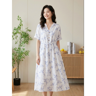 夏季苎麻宽松水墨画连衣裙简约百搭大摆裙S9927-1