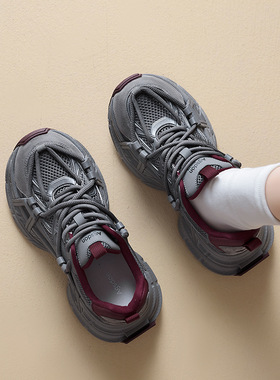 奥古狮登灰色老爹鞋女2026年新款夏季显脚小厚底休闲鞋运动登山鞋