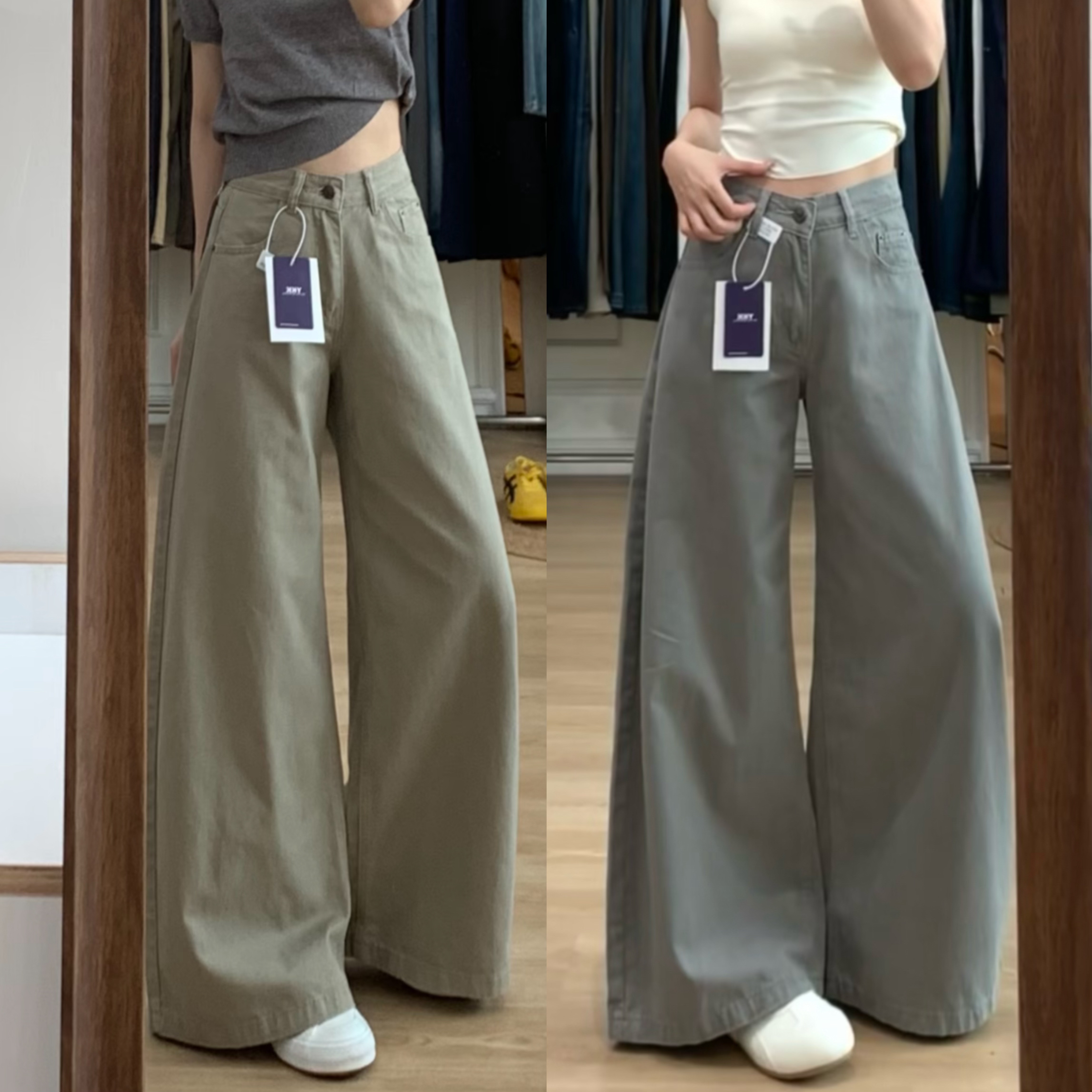 美式复古高腰阔腿显瘦女款牛仔裤