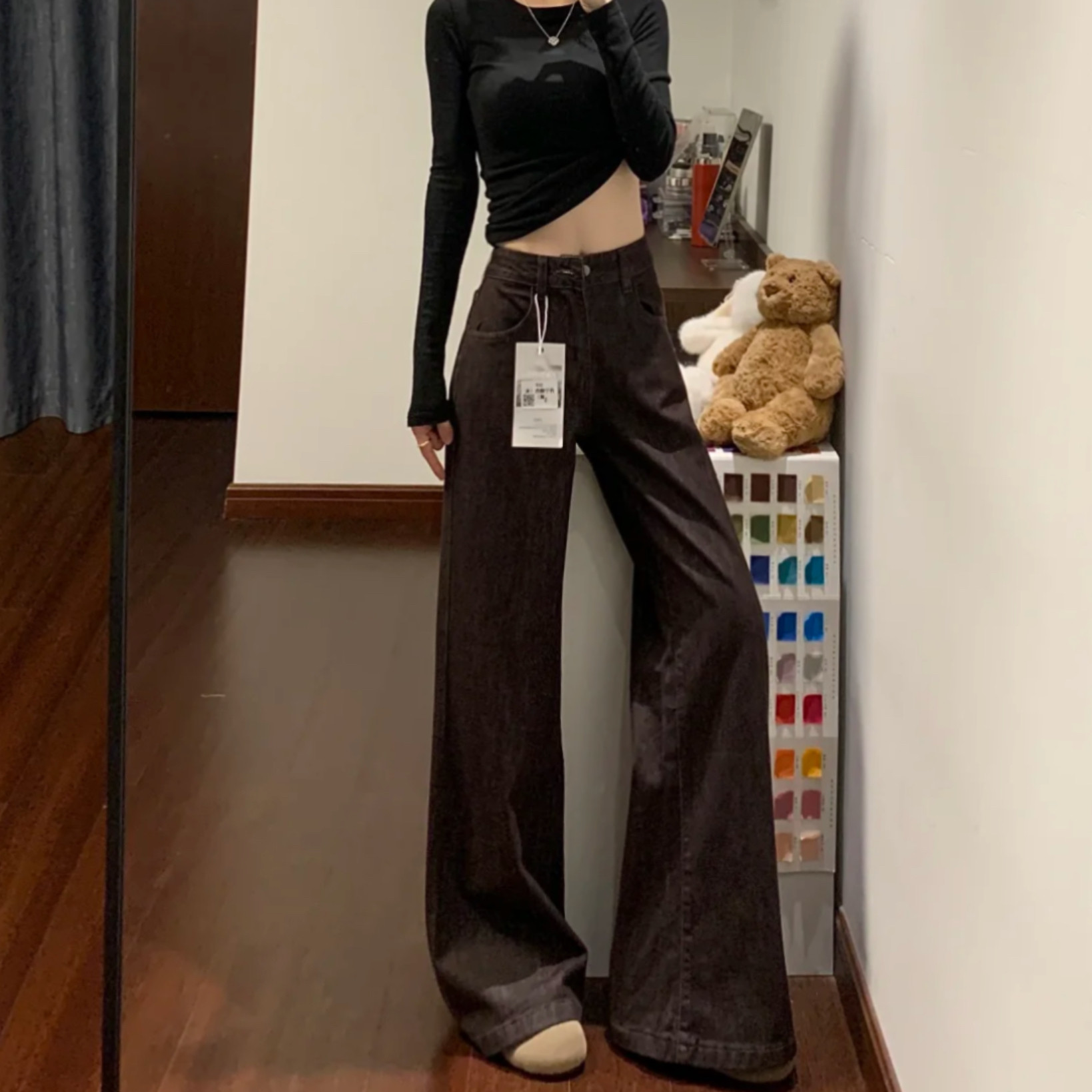 美式复古设计感牛仔裤女2026年新款低腰显瘦直筒阔腿裤小个子裤子