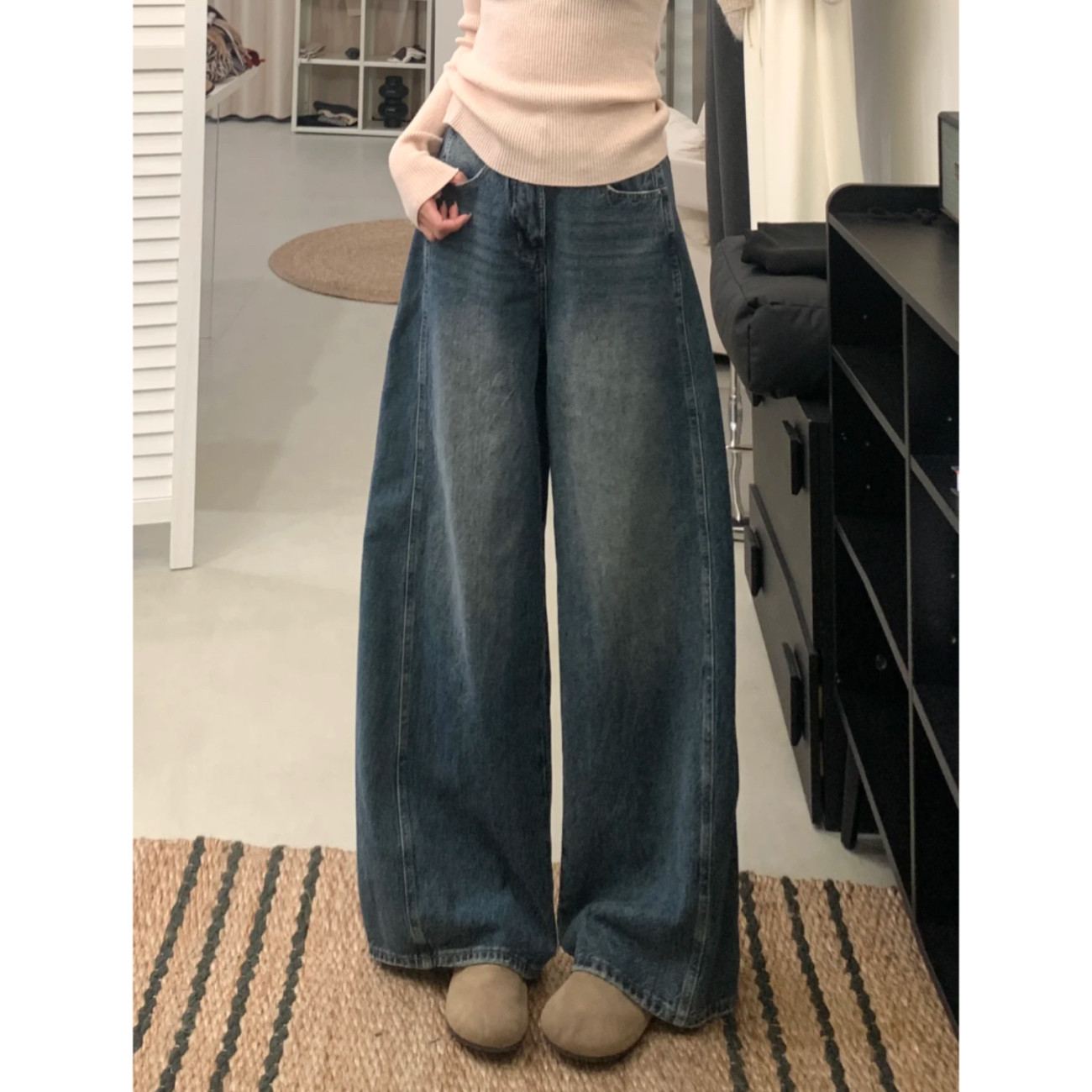 美式复古高腰阔腿显瘦牛仔裤裙