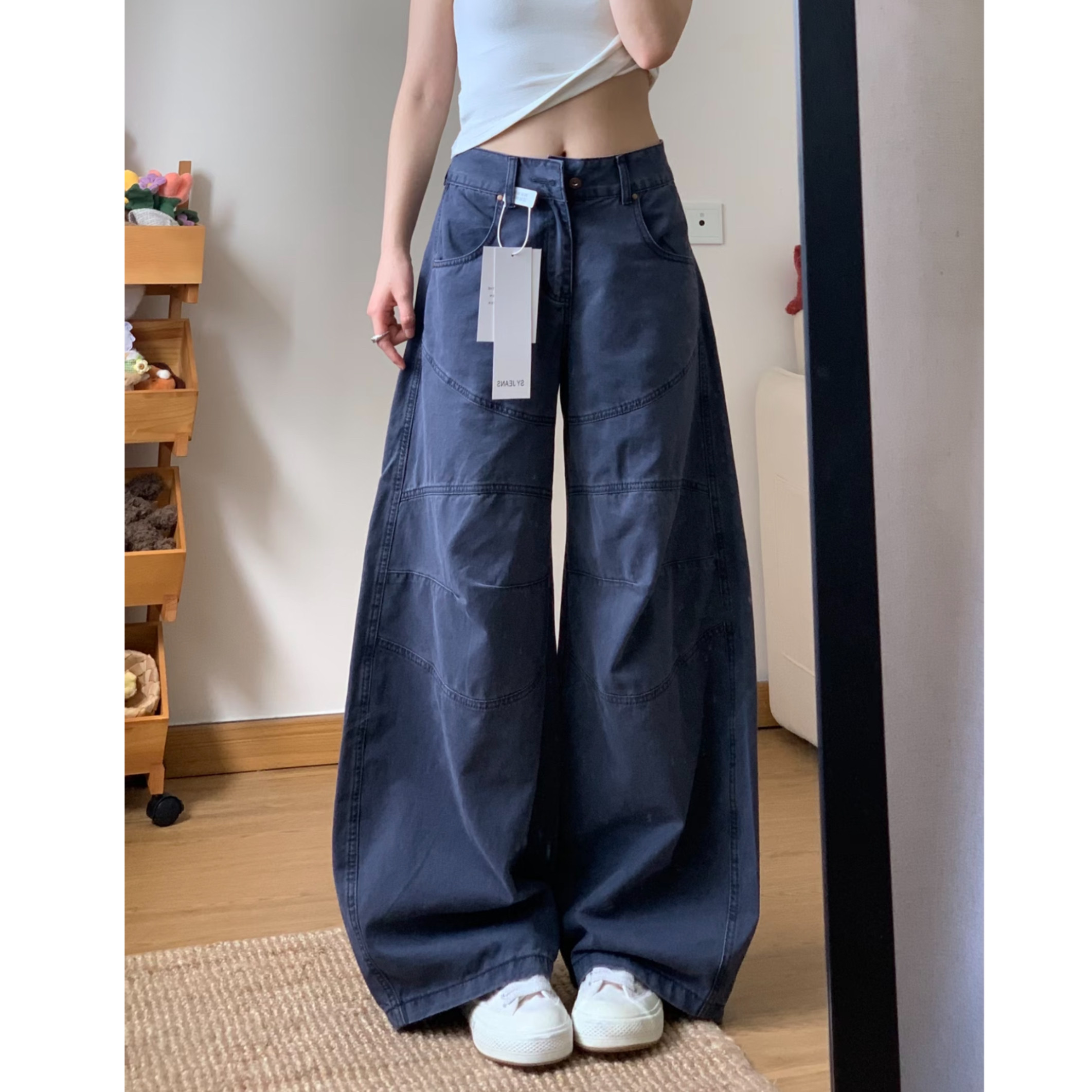 美式复古高腰显瘦阔腿工装裤女