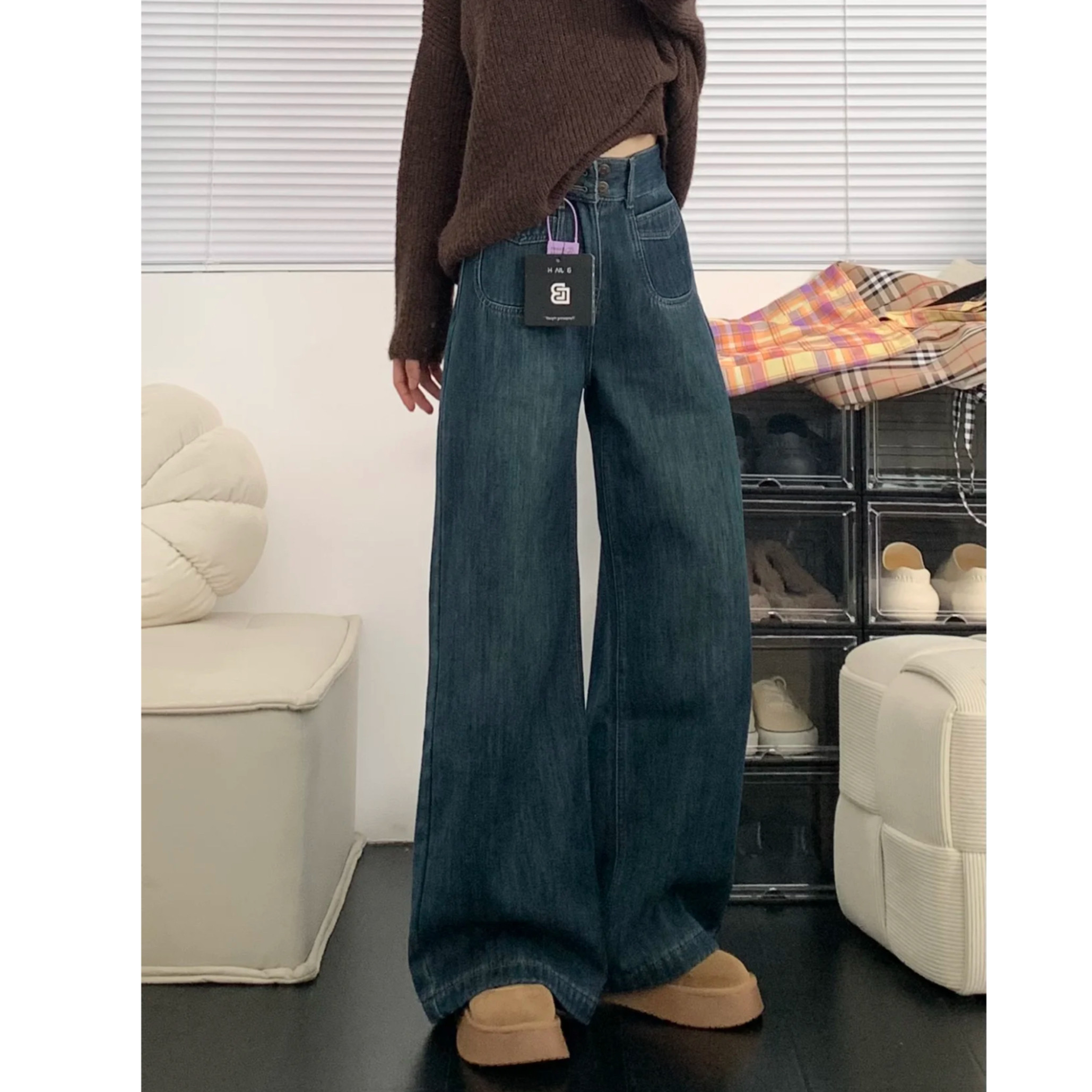 美式复古设计感蓝色牛仔裤女2026年春秋新款高腰显瘦直筒阔腿裤子