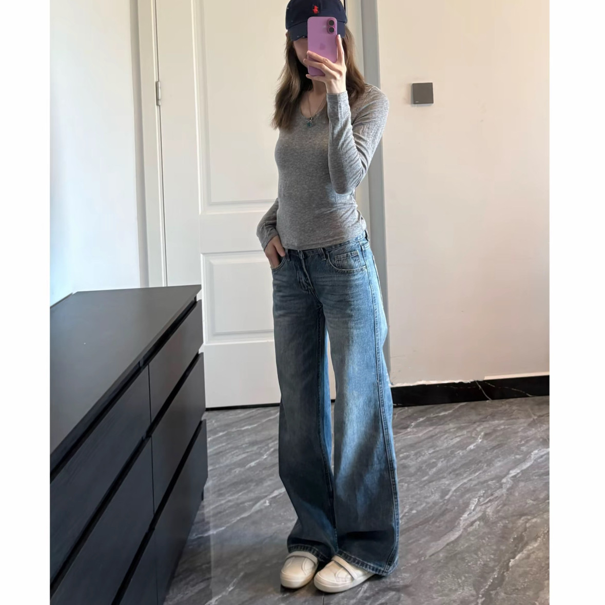 美式复古设计感低腰阔腿牛仔裤女新款宽松显瘦直筒裤小个子拖地裤