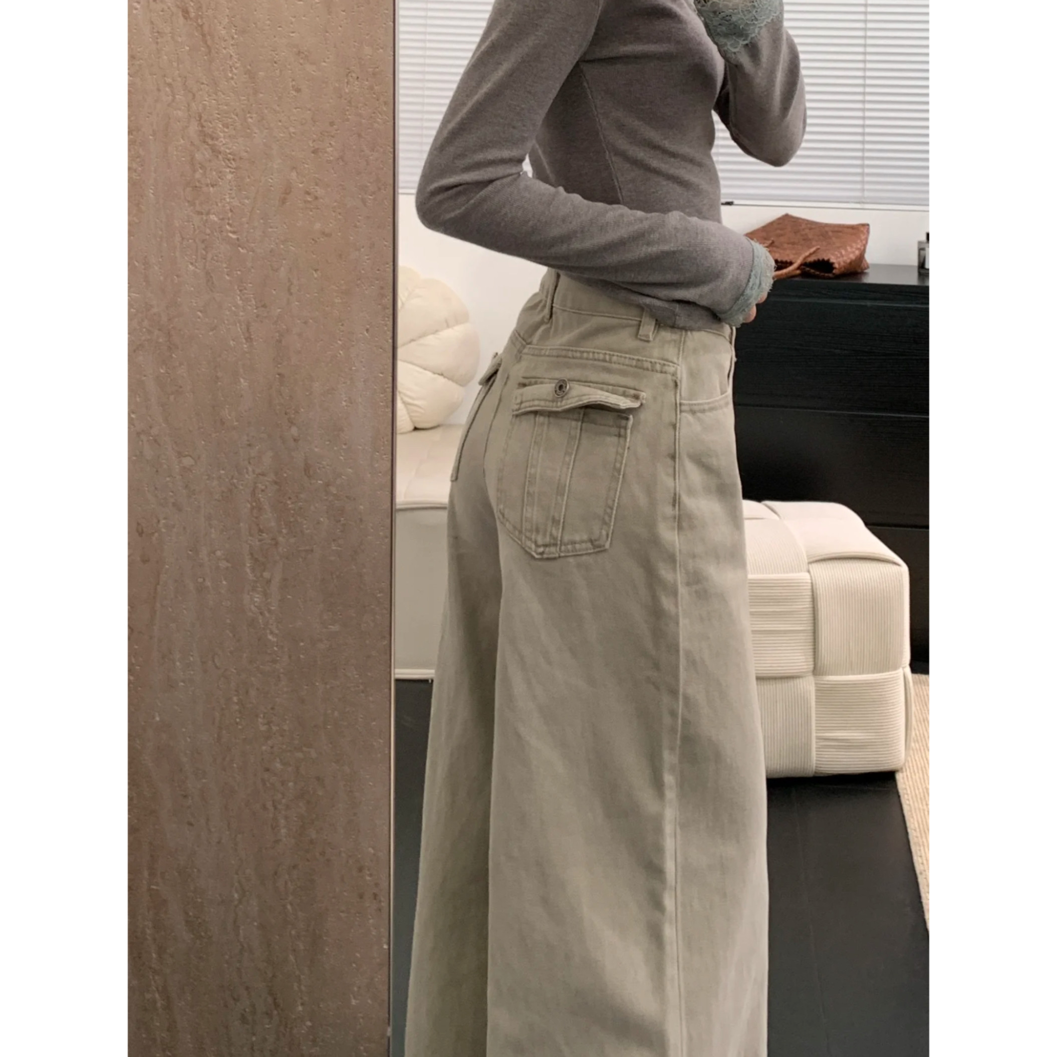 美式复古设计感工装牛仔裤女2026年新款高腰显瘦扎染直筒阔腿裤子