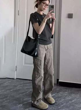 原版卡其色工装裤女新款美式复古窄版宽松黑色高腰直筒裤拖地长裤