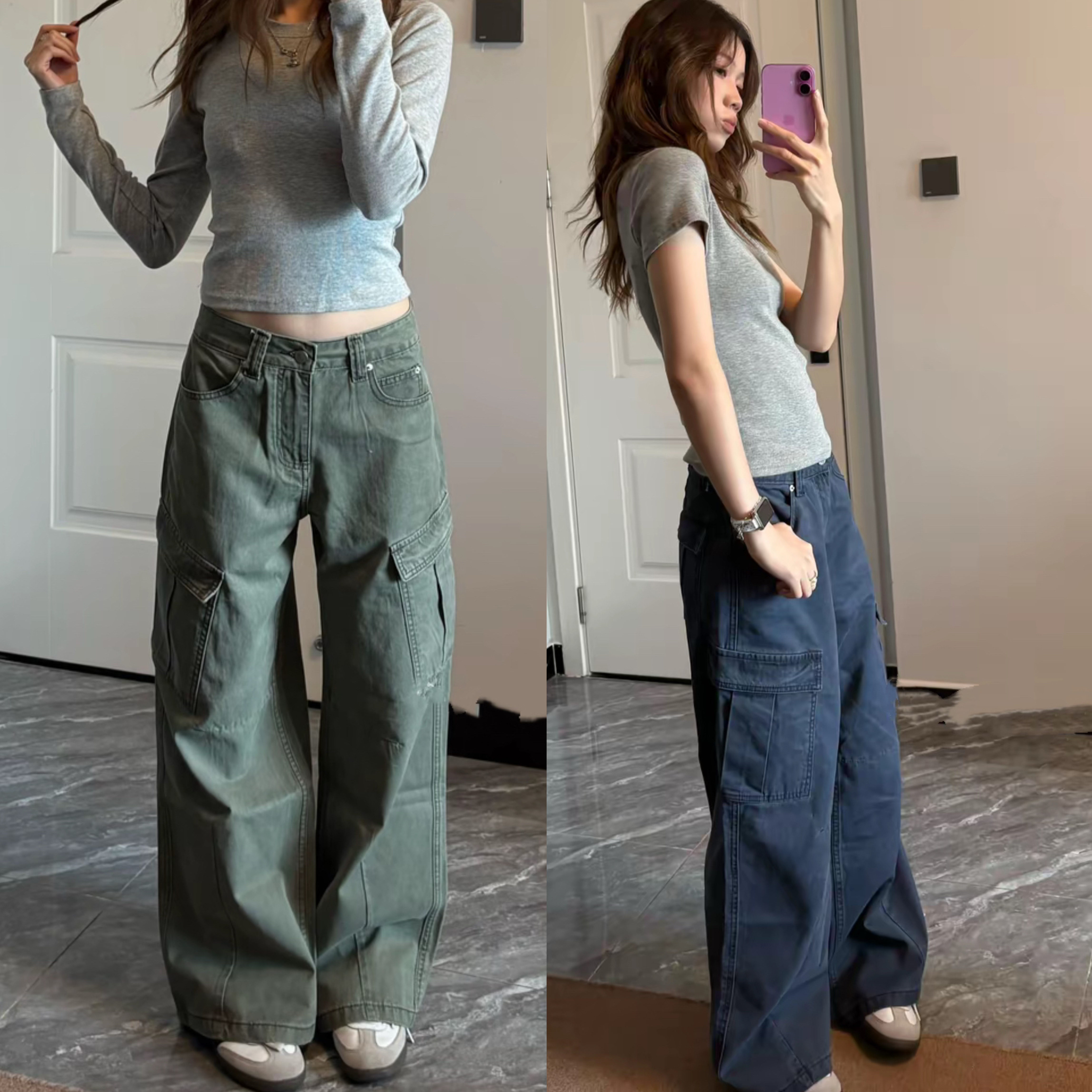 美式复古军绿高腰阔腿工装裤女