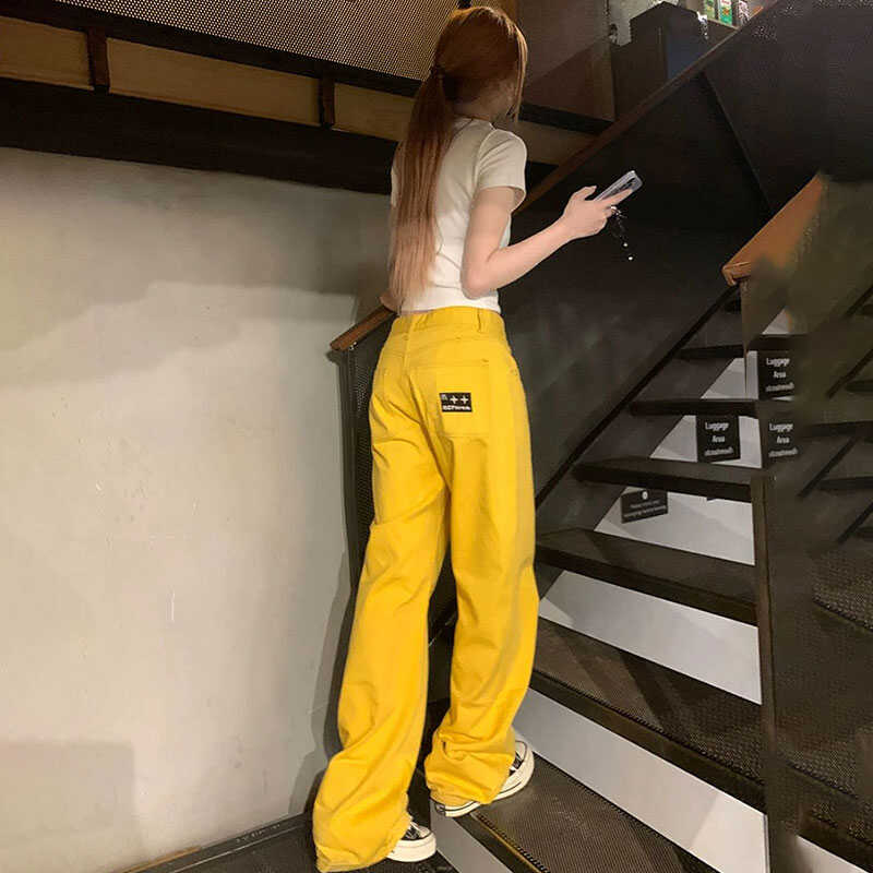 爵士舞高街黄色直筒宽松阔腿裤