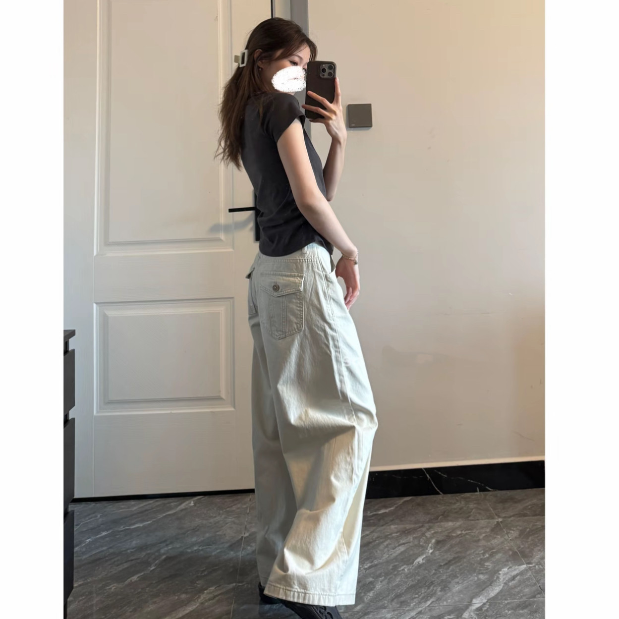 美式复古米白低腰阔腿牛仔裤女