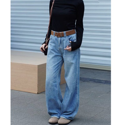 美式复古做旧牛仔裤女新款高腰显瘦直筒裤宽松阔腿裤子女