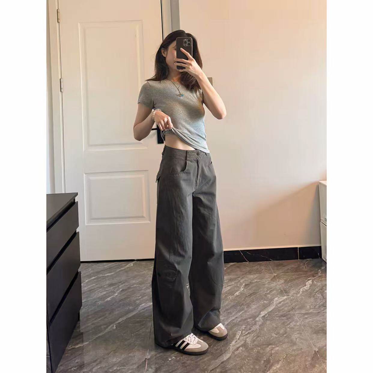 军绿色工装裤女新款直筒阔腿裤子