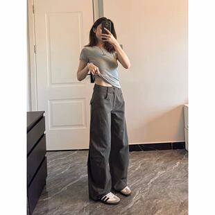 宽松军绿色阔腿直筒高腰显瘦多口袋爵士舞裤 美式 女新款 裤 复古工装