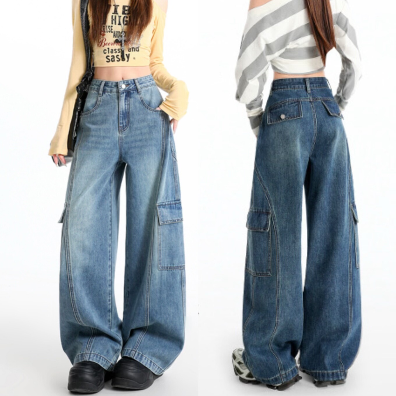 美式复古多口袋工装阔腿牛仔裤女2026年新款高腰宽松显瘦拖地裤子