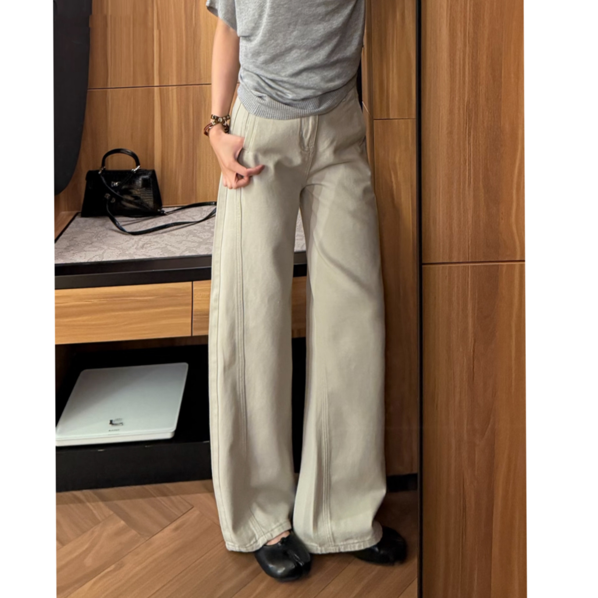 复古卡其高腰阔腿显瘦女牛仔裤女
