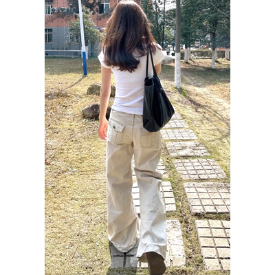 美式米白显瘦工装牛仔阔腿裤女