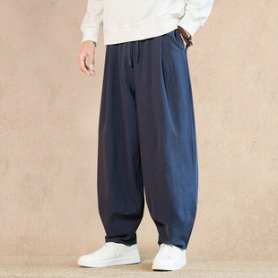 秋冬新款男士亚麻阔腿裤中国风加绒宽松灯笼裤男透气休闲裤国潮