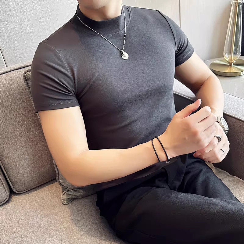 原棉部落 紧身T恤男士夏季款高端修身半高领短袖男弹力中领打底衫