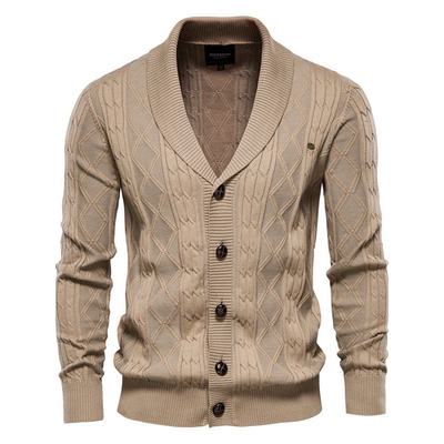 Mostarsea~毛衣外套秋冬季男款青果领麻花纹纯棉V领高端针织开衫