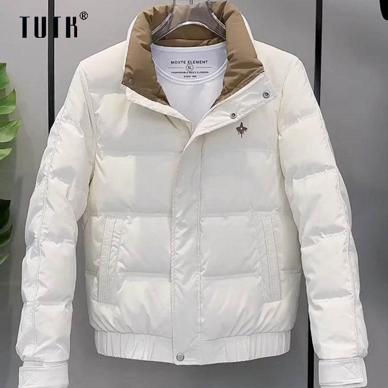 羽绒服男款冬季潮牌修身立领保暖休闲外套男士白色加厚短款派克服