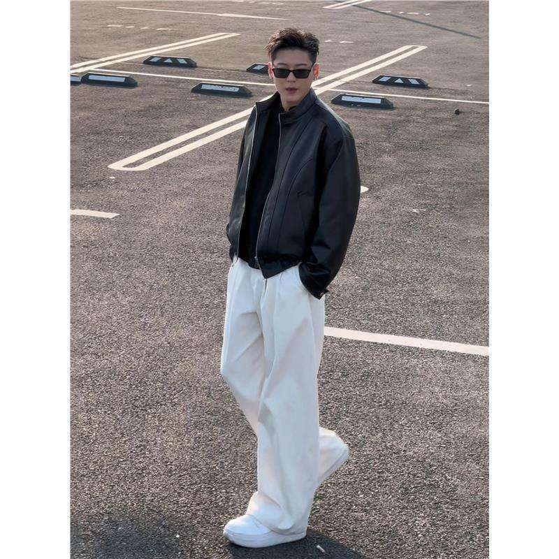 潮牌高级感cleanfit白色垂坠感弯刀西裤男款秋季痞帅阔腿休闲长裤