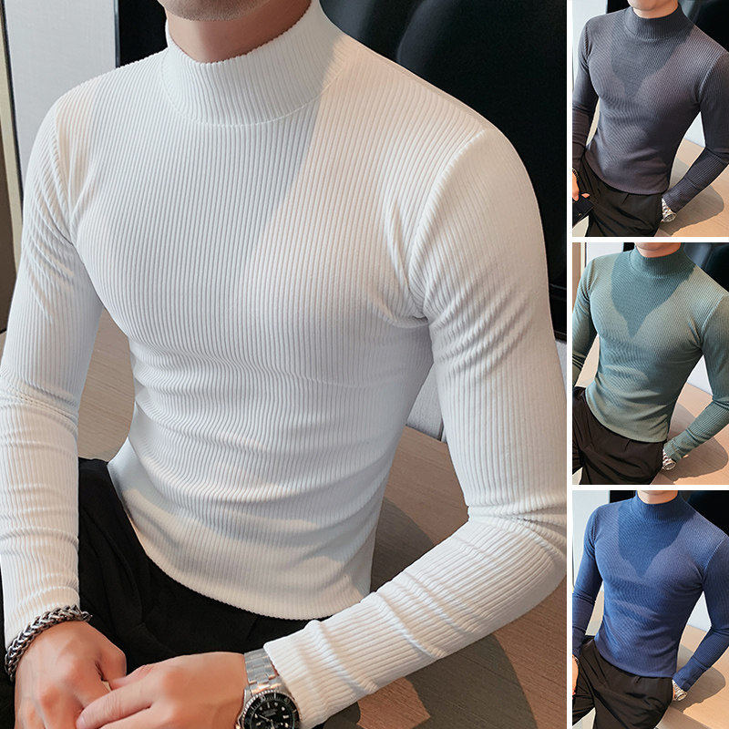 长袖t恤男秋冬季潮流百搭半高领打底衫男士潮牌修身条纹休闲上衣