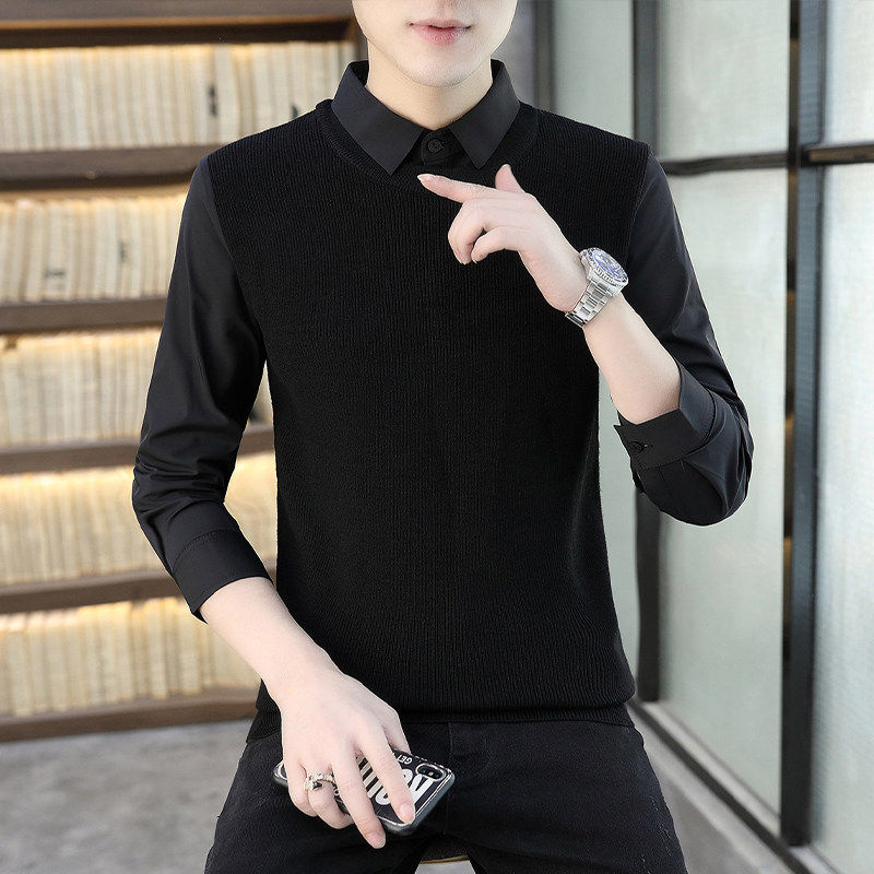 高端假两件针织衫男秋冬季加绒加厚商务休闲男士修身衬衫领羊毛衣