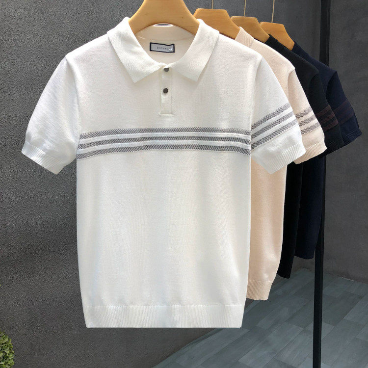 MAROLIO简约薄款冰丝短袖毛衣男潮流polo领针织t恤夏新款男士半袖