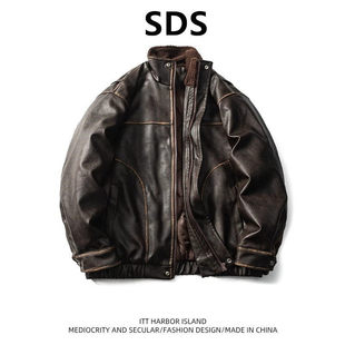 高端皮衣外套男冬季加厚保暖潮牌痞帅复古擦色机车服宽松真皮棉衣