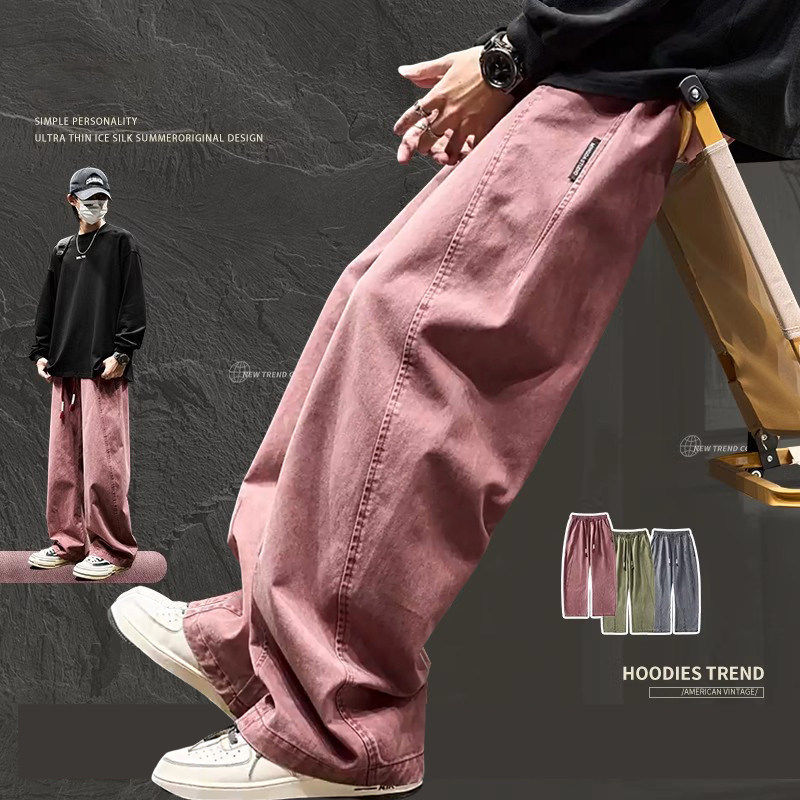 潮牌美式复古休闲卫裤男士加绒加厚拼接宽松直筒弯刀裤粉色工装裤