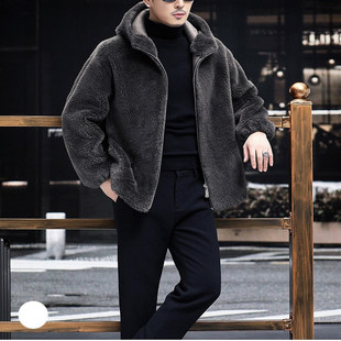 PALM CITY两面穿真羊毛羊剪绒大衣男子羊羔毛皮草外套连帽厚冬装