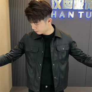 真皮皮衣外套男秋冬季翻领修身加绒机车服男士绵羊皮工装夹克短款