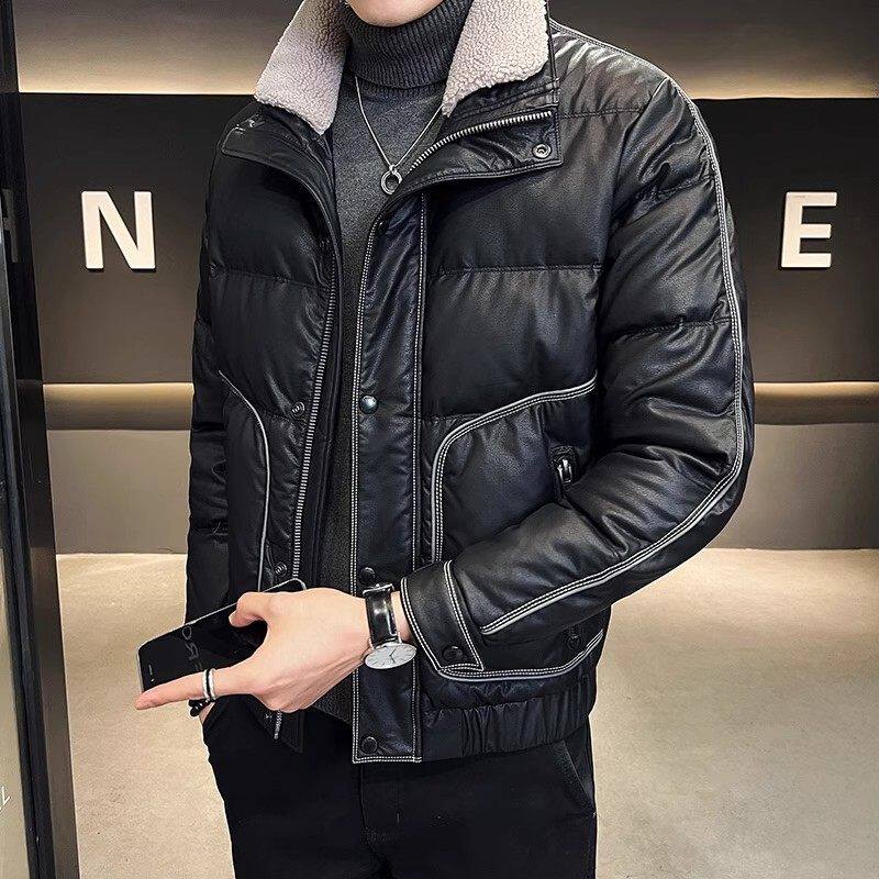 品牌新款皮羽绒服男短款冬季潮牌休闲加厚保暖男士白鸭绒修身外套