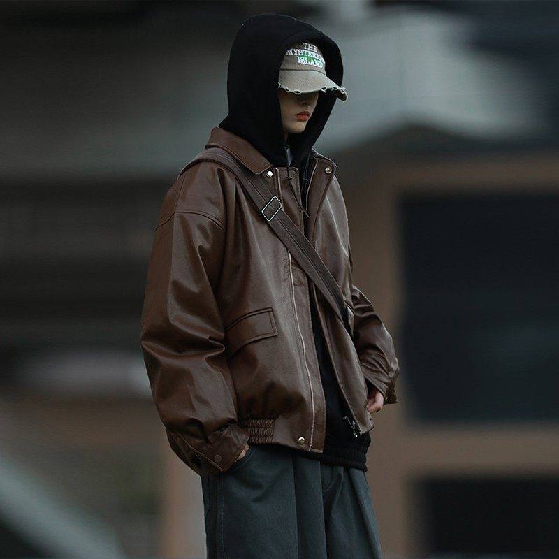 潮牌美拉德棕色皮衣外套男秋冬季加绒痞帅机车服休闲宽松真皮夹克