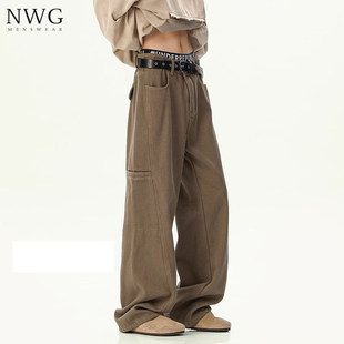 咖色工装牛仔裤男潮牌秋冬季加绒宽松直筒阔腿裤子男美式休闲长裤