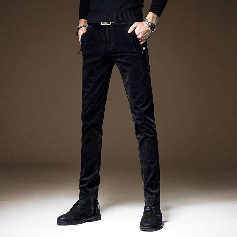 灯芯绒休闲裤男秋冬季韩版潮流加绒黑色修身小脚弹力男士长裤子潮