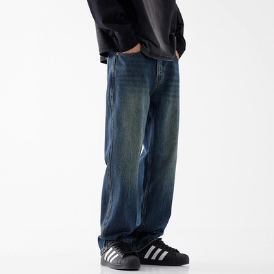 春秋季蓝色水洗直筒牛仔裤男