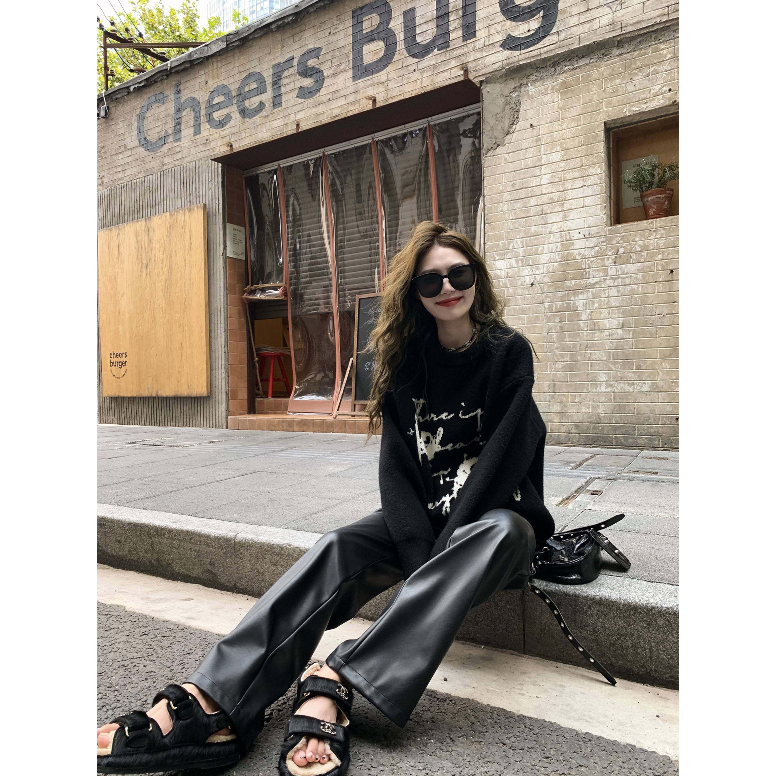 小君君布兰妮 好版型女团皮裤女秋冬新款显瘦显高超模裤黑色长裤