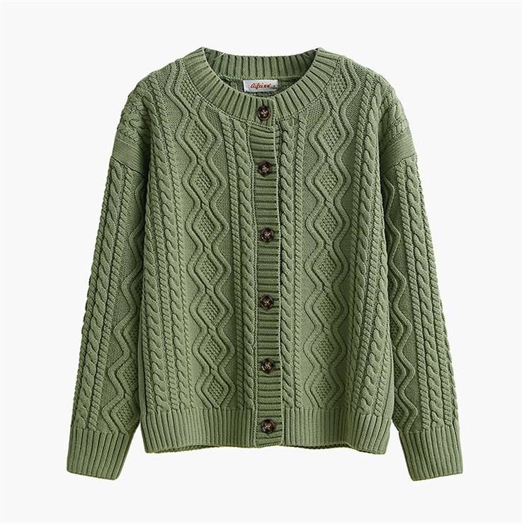 100%纯棉开衫外套女针织衫宽松百搭秋冬加厚粗针麻花女士打底毛衣