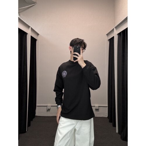 经典印花（罗心梵文）纯棉重磅小领口宽松百搭休闲长袖T恤打底衫