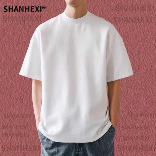 美式小领口350克重磅纯棉廓形日系男短袖T恤潮夏季宽松男女打底衫