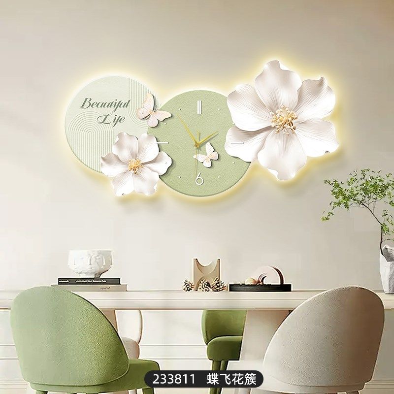 奶油风餐厅钟表装饰画治愈系花朵客厅时钟挂画饭厅餐桌背景墙挂钟